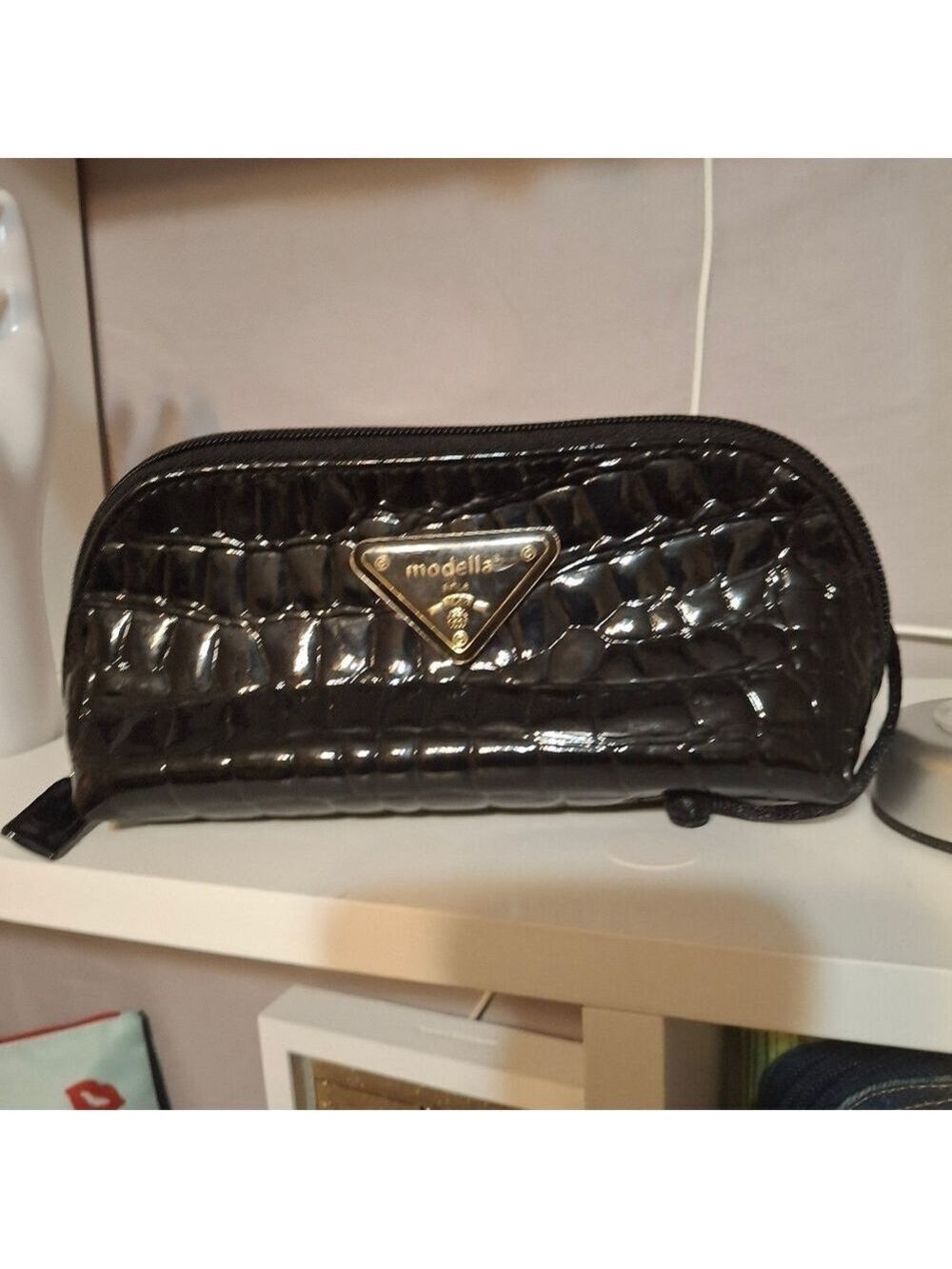 Modella Shiny Black Croc-Embossed Pouch Like New